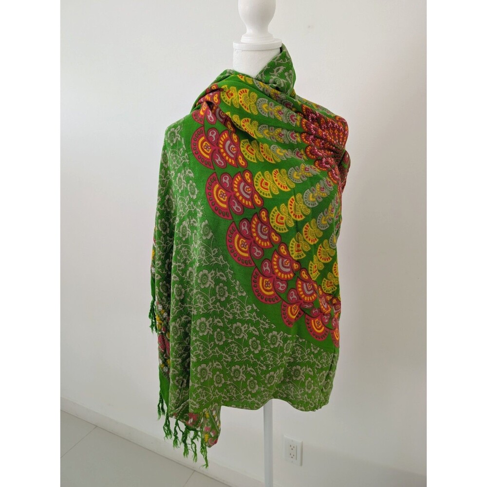 Boho Wrap Green and Yellow Mandala Sarong Geometric Pattern Tasseled Edges